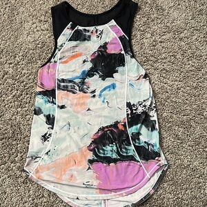 Lululemon Athletica White and Pink Graphic Asymmetrical Tank Top